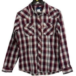 Wrangler Pearl Snap Shirt Maroon White Plaid Youth 18/20 Western Cowboy Rodeo